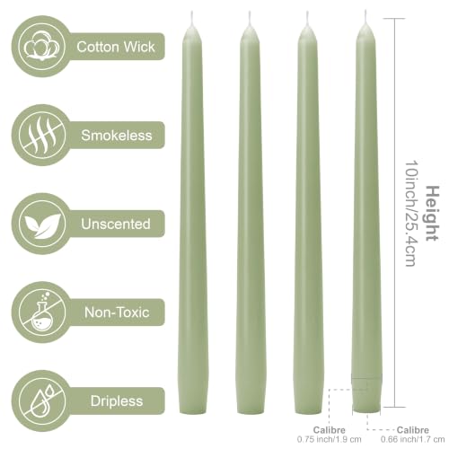 12-Pack Sage Green Taper Candles - 10 Inch Dripless Unscented Long Burn Time