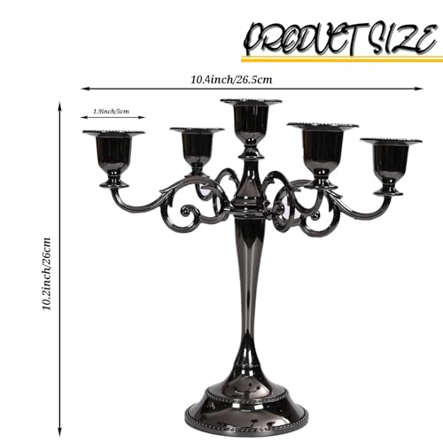 Black 5-Arm Metal Candelabra - 10.2 Inch Tall Candle Holders, Glossy Finish