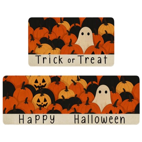 Halloween Ghost Pumpkin Kitchen Mat Set of 2 Non-Slip Washable Decor - Ghost Pumpkin