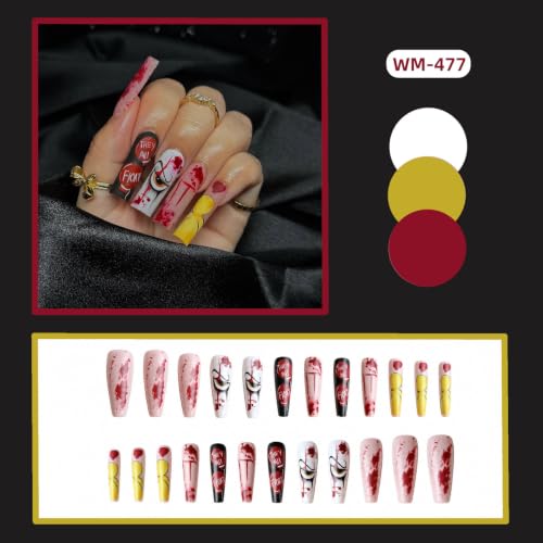 Halloween Clown Coffin Fake Nails Set - Blood Splash, Balloon Print, 24 Pcs Halloween Nails8 Variation