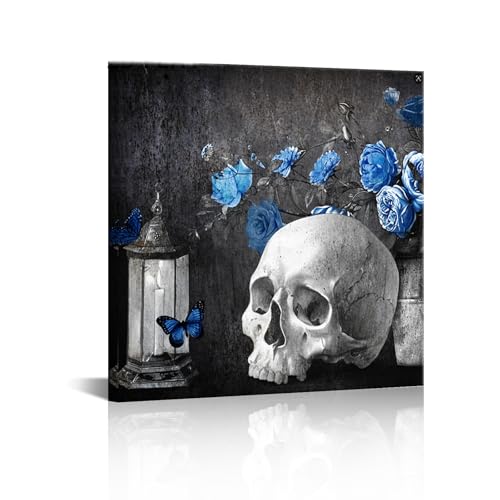 Skull Wall Art Canvas - Skeleton with Blue Rose Rustic Home Decor