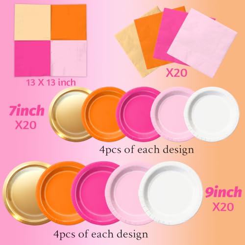 Pink & Orange Party Plates and Napkins Set - Serves 20, 60pcs Sunset Tropical Tableware for Birthday & Celebration - Pack of 2