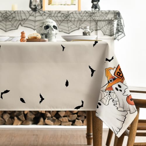 Halloween Tablecloth 60 x 120 Inch Rectangular Black Bat Ghost - Beige Variation