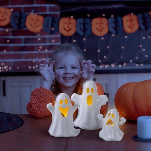 Halloween Ghost Decor Set with Remote Light-Up Ceramic Figurines & Tea Lights