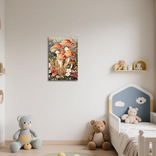 Red Mushroom Canvas Wall Art - Botanical Kitchen Decor, 12x18 Inches