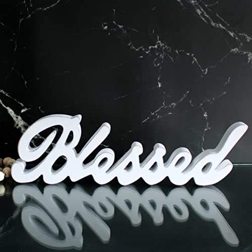 Blessed Sign Free Standing Wooden Decor - Distressed White 15x4-1/4 Inch