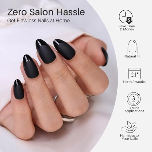 ShangMeng Matte Black Press On Nails with Glossy French Tips, Short Almond Shape, 32 Pieces