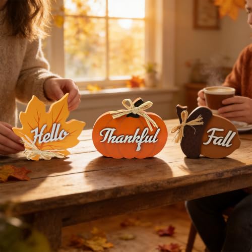 Fall Wooden Sign Set - Pumpkin Maple Leaf Acorn Thanksgiving Decor