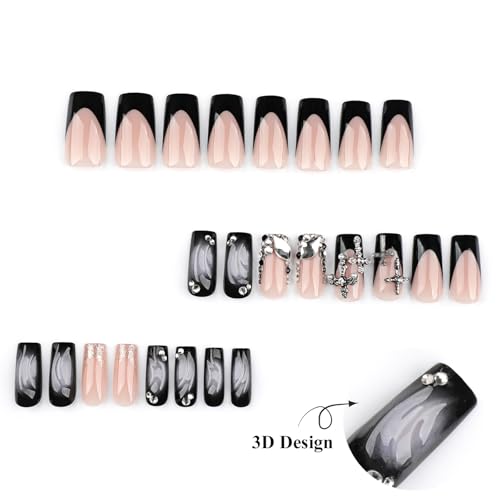 MISUD Long Square Press on Nails with Goth Black French Tip Cross Design - 24 Pcs, Variation 099A01Black