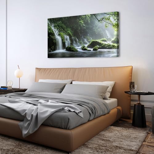 Forest Waterfall Canvas Wall Art - 57.8" x 30" Green Forest Nature Landscape Painting for Living Room & Bedroom - Waterfall Water Scene Wall Decor