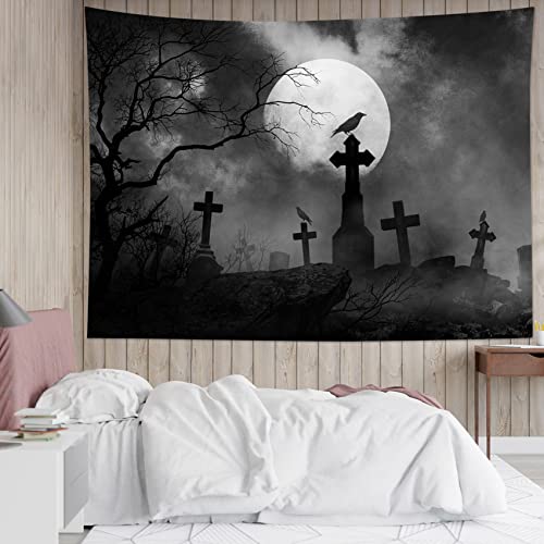 Halloween Tapestry Full Moon Black Crow Tombstone Dead Tree Wall Decor - 40x60 Inches - Black Variation