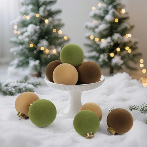 Velvet Christmas Ornaments Set with Bows - Green, Brown & Beige - 25 pcs
