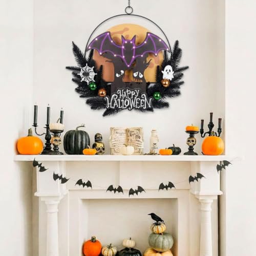 Pre-Lit Halloween Wreath for Front Door with Bat Decoration, Lighted Witch, Timer Function