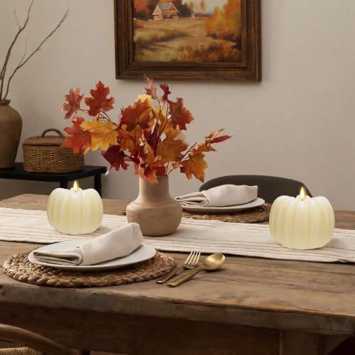 White Flameless Pumpkin Candle with Remote & Timer - Fall Decor, Real Wax, 3D LED Flame, Harvest
