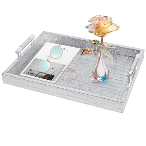 Faux Leather Serving Tray with Handles - Silver - 16x12 Inches