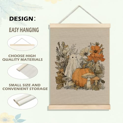 Gua Hua Halloween Fall Floral Pumpkin Ghost Wall Art Poster with Frame - 12x16 Inch Halloween Wall Decor for Home Bedroom Living Room - BearCake