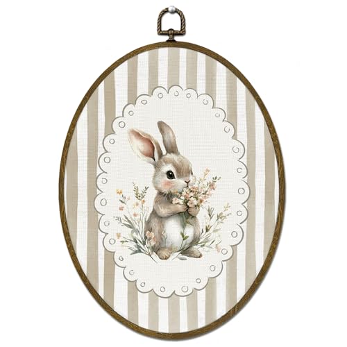 Preppy Bunny Rabbit Oval Canvas Wall Art - Easter Nursery Decor - 8.7x11.3 Inches