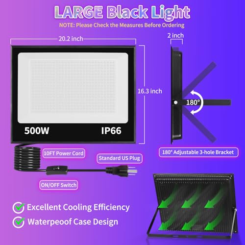 500W Black Light IP66 Flood Light with 10ft Cable - Halloween & Large Space