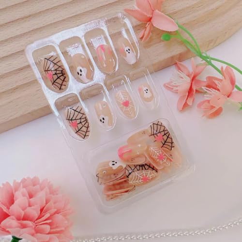 Halloween Short Almond Press On Nails Set - Colorful Ghost Spider Web Heart Rhinestone 8