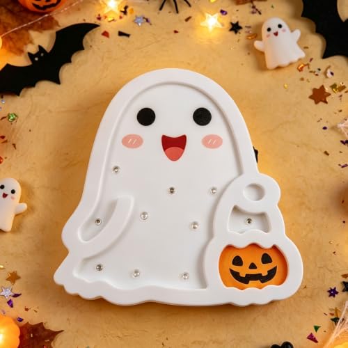 Halloween Wooden Ghost Table Sign - Light Up Decor for Desk, Home, Office - White Variation