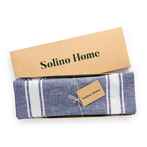 Pure Linen Table Runner Blue Country Stripe 14 x 108 Inches - Handcrafted