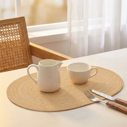 Oval Braided Woven Placemats Set of 4 - Beige Brown Dining Table Mats