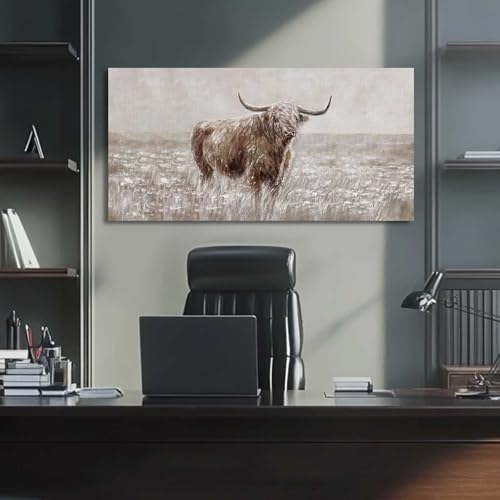 Highland Cow Canvas Wall Art Rustic Decor - Brown, 48 x 24 Inches