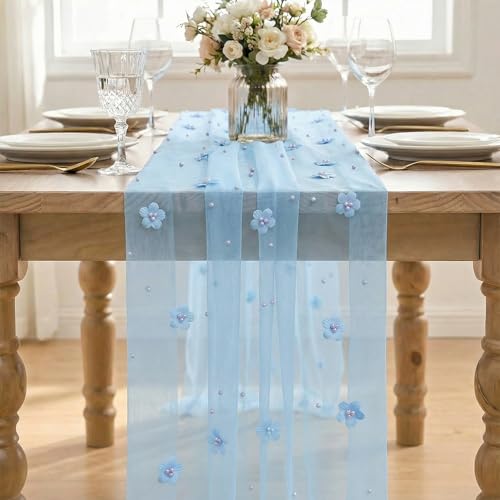 28x120 Inch Blue Flower Pearl Gauze Table Runner Set - 6 Pack for Holiday & Wedding Decor