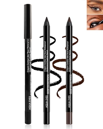 Waterproof Gel Eyeliner Pencil Set - 2 Black + 1 Brown Long-Lasting Smudgeproof Makeup