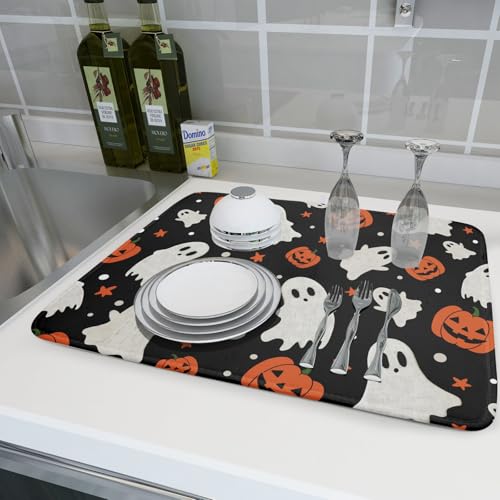 Halloween Dish Drying Mat 18x24 Inch with Pumpkin Ghost Design, Reversible Microfiber, Fast Dry Kitchen Mat - Black & Orange