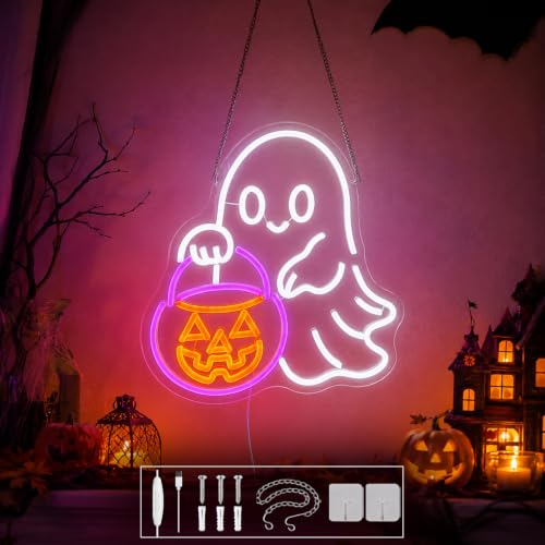 Treat Ghost Neon Sign - Dimmable Halloween Ghost Neon Light for Window