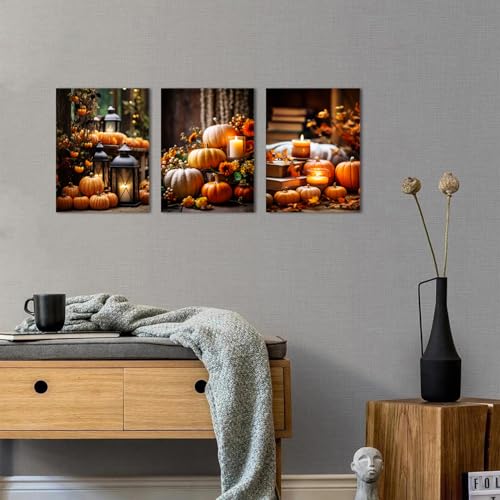 Farmhouse Pumpkin Wall Art Set - Fall Kitchen Decor Canvas Prints 12x16 Inches, 3 Pieces - Autumn Harvest Theme for Thanksgiving & Halloween, Rustic Home Decor