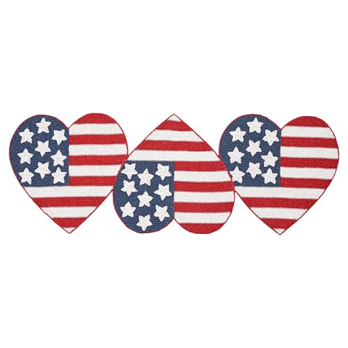 Beaded Table Runner 13x36 Inch Heart Flag Design Patriotic Decor - White Red Blue Variation
