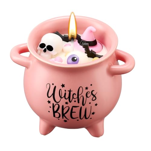 Pink Halloween Cauldron Candle with Spooky Decorations & Pumpkin Scent - 14oz Gift for Women & Teens