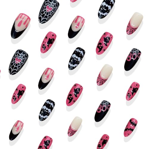 Halloween Press On Nails Set - Gothic Pink & Black Almond Fake Nails W9