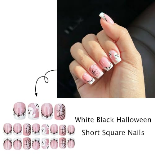 Halloween Press On Nails Short Square Pink Fake Nails with Ghost & Spider Web Design - Pattern W40, Reusable, 24 Pieces
