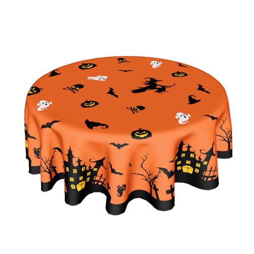 Halloween Round Tablecloth 60 Inch Orange with Haunted House & Bats - Fall Leaves Variation