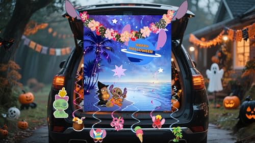 Halloween Trunk or Treat Car Decorations Kit - Cartoon Truck & SUV Stickers, Garage Door Decor, Purple