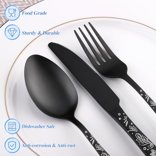 Halloween Skull Flatware Set - 40 Piece Gothic Silverware with Skull, Flower & Butterfly Pattern, Serving for 8 - Black Bizarre Cutlery