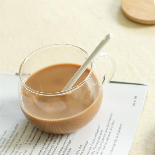 Belly Mug with Bamboo Lid & Tulip Spoon - 350ml Clear Glass Coffee Tea Cup