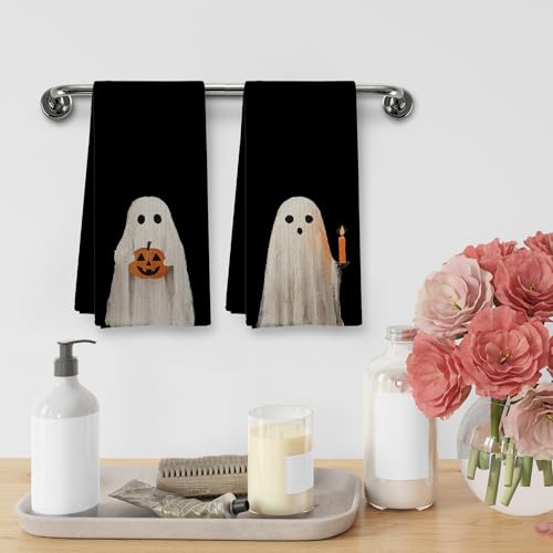 Black Ghost Halloween Kitchen Towels & Dishcloths Set of 2 - Fall Home Decor