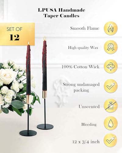 12-Inch Black Vampire Tears Taper Candles Set of 12 - Gothic Blood Drip Candles for Halloween & Spooky Decor