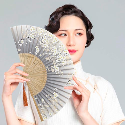 Gray Elegant Black Bamboo Folding Fan - 8.27in Vintage Silk Handheld Fan for Dance & Wedding