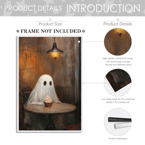Ghost Eating Cupcake Wall Art Unframed 11x14in - Gothic Rustic Halloween Decor