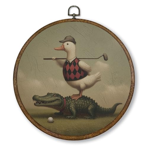 Whimsical Golf Duck Wall Art Decor - Round Canvas Frame for Boys & Kids Rooms