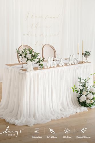 14FT Off-White Table Skirt for Wedding - Chiffon Desk Skirt with Velcro