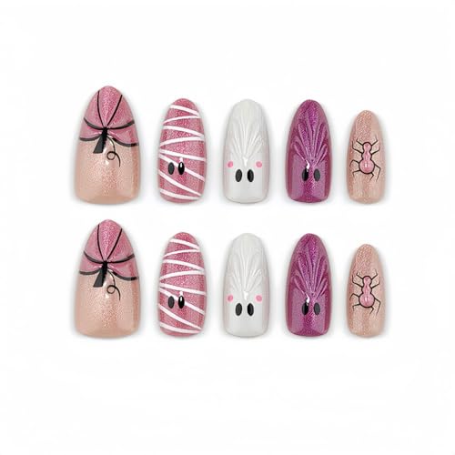 Halloween Press On Nails - Purple Cat Eye & Ghost Design, Medium Almond Style-30