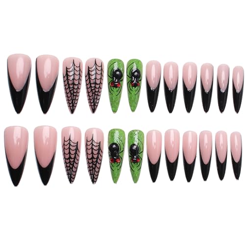 Long Black French Tip Stiletto Press On Nails with Green Black Variation - 24pcs Halloween Web Design