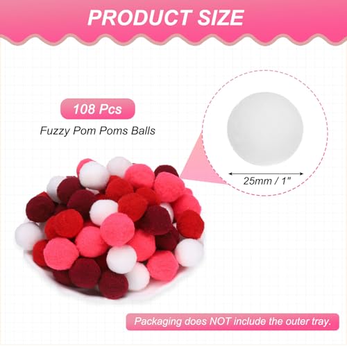 Fuzzy Pom Poms Balls - Red Series 1 Inch/25mm Mini Craft Decorations - 108 Pcs