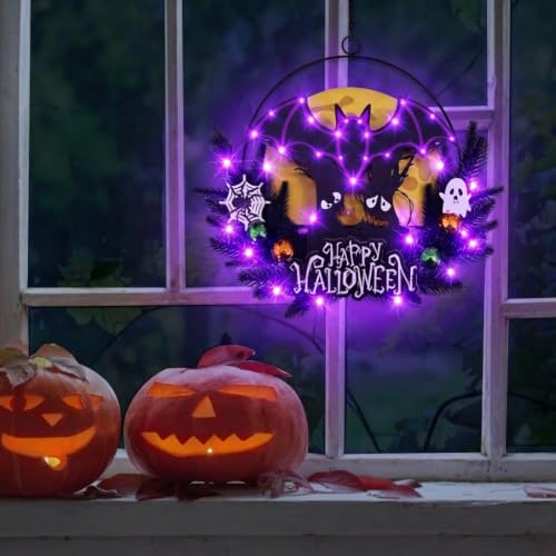 Pre-Lit Halloween Wreath for Front Door with Bat Decoration, Lighted Witch, Timer Function